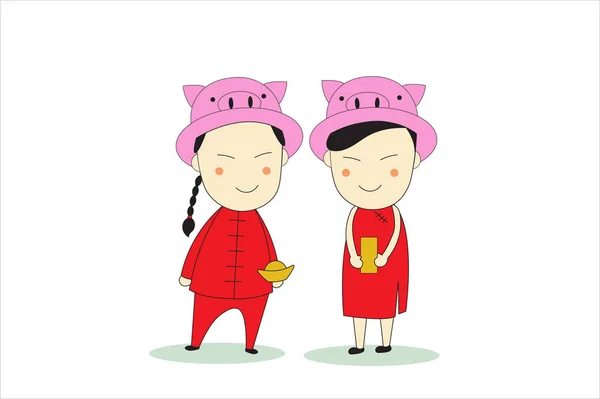 Desenhos animados menino e menina vestindo vermelho ano novo chinês dress.Concept estilo plano vetor feriados ilustração recomendada.-EPS10 — Vetor de Stock
