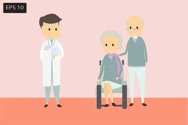 Doktor ve yaşlı tedavi hakkında konuşmak için standı. Düz karikatür kavramı olumlu yön mutluluk, yeşil ve turuncu tonları ile.