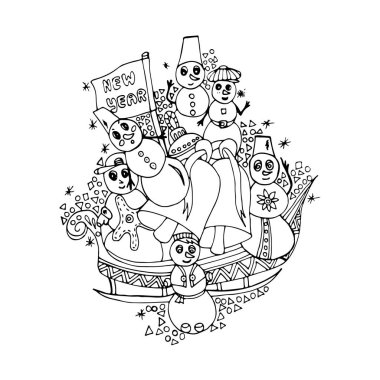 Kardan adam kızaklarımız üzerinde. Elle çizilmiş vektör çizim, Noel, yeni yıl,