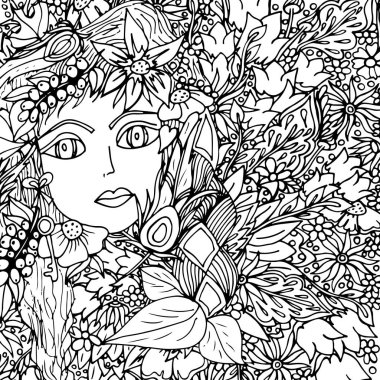 Yüzü bir saç modeli ile bir kız doodle. Elle çizilmiş bir vektör çizim