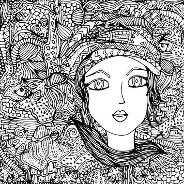 Yüzü bir saç modeli ile bir kız doodle. Elle çizilmiş bir vektör çizim