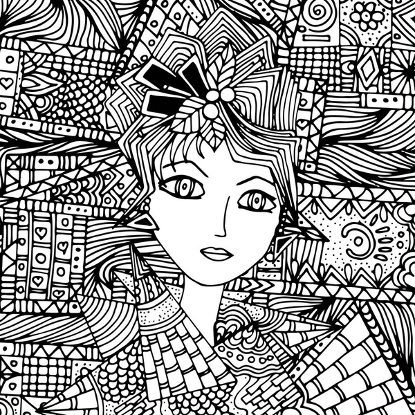 Πρόσωπο Ενός Κοριτσιού Μια Κόμμωση Doodle Μια Εικονογράφηση Διάνυσμα Χειροποιήτο — Διανυσματικό Αρχείο