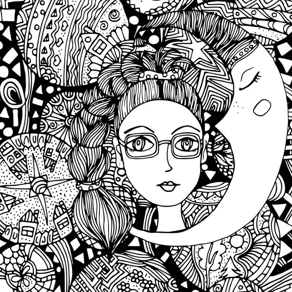 Yüzü bir saç modeli ile bir kız doodle. Elle çizilmiş bir vektör çizim