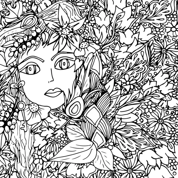 Yüzü bir saç modeli ile bir kız doodle. Elle çizilmiş bir vektör çizim