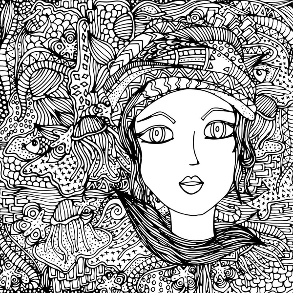 Yüzü bir saç modeli ile bir kız doodle. Elle çizilmiş bir vektör çizim