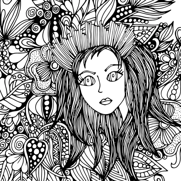 Yüzü bir saç modeli ile bir kız doodle. Elle çizilmiş bir vektör çizim