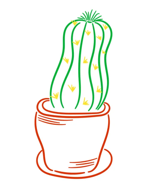 Linear drawing of a cactus. Cactus in a pot. Houseplant. Gardening.Isolated, white. Illustration