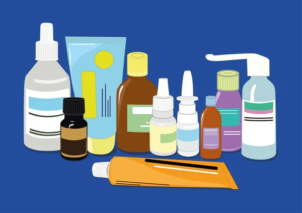 Various medical pills and bottles, tubes. Health care pharmacy, pharmacy.  Horizontal illustration in flat style.
