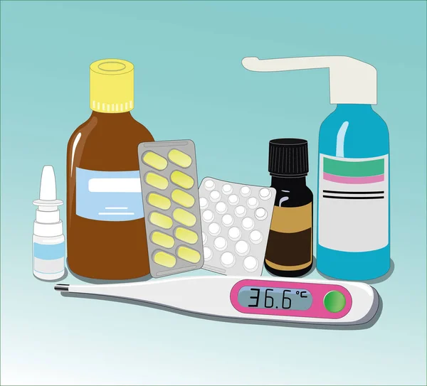 Various medical pills and bottles, tubes. Health care pharmacy, pharmacy.  Horizontal illustration in flat style.