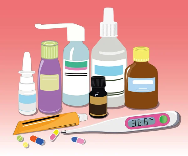 Various medical pills and bottles, tubes. Health care pharmacy, pharmacy.  Horizontal illustration in flat style.