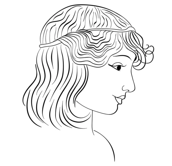 Drawn girl profile, wavy hair ,  white background.illustration.