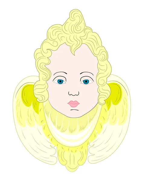 Angel with wings, curly, baby face, white background illustration