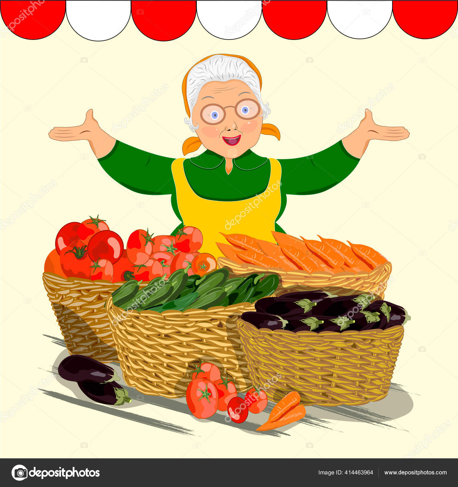 スカーフ 眼鏡 エプロンの祖母 野菜を使ったファーマーズマーケット バスケットで野菜を売る イラスト ストック写真 C Ashpin Tyev List Ru