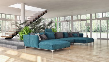 Modern parlak iç daire 3d render illüstrasyon
