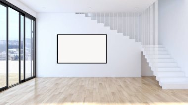 Modern parlak iç daire mockup poster çerçeve 3d render çizim ile