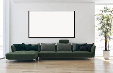 Modern parlak iç daire mockup poster çerçeve 3d render çizim ile