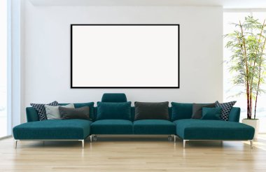 Modern parlak iç daire mockup poster çerçeve 3d render çizim ile