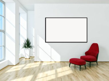 Modern parlak iç daire mockup poster çerçeve 3d render çizim ile