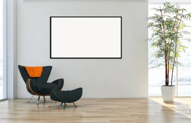 Modern parlak iç daire mockup poster çerçeve 3d render çizim ile
