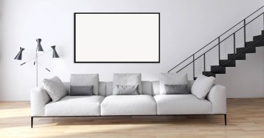 Modern parlak iç daire mockup poster çerçeve 3d render çizim ile