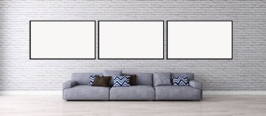 Modern parlak iç daire mockup poster çerçeve 3d render çizim ile