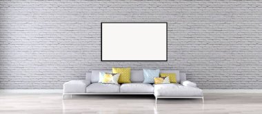 Modern parlak iç daire mockup poster çerçeve 3d render çizim ile