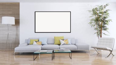 Modern parlak iç daire mockup poster çerçeve 3d render çizim ile