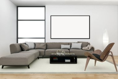 Modern parlak iç daire mockup poster çerçeve 3d render çizim ile