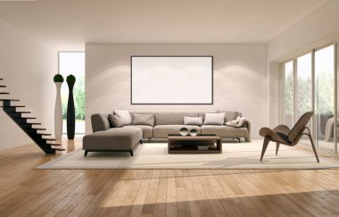 Modern parlak iç daire mockup poster çerçeve 3d render çizim ile