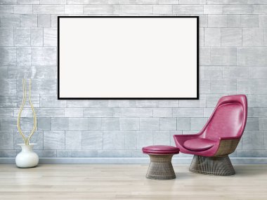 Modern parlak iç daire mockup poster çerçeve 3d render çizim ile