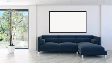 Modern parlak iç daire mockup poster çerçeve 3d render çizim ile