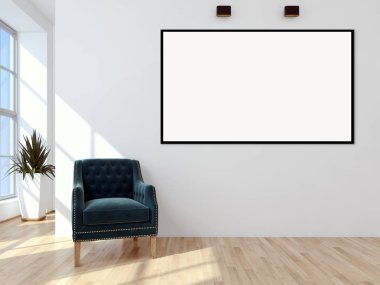 Modern parlak iç daire mockup poster çerçeve 3d render çizim ile