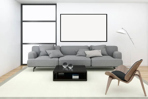 Moderna Ljusa Interiörer Lägenhet Med Mockup Affisch Frame Rendering Illustration — Stockfoto