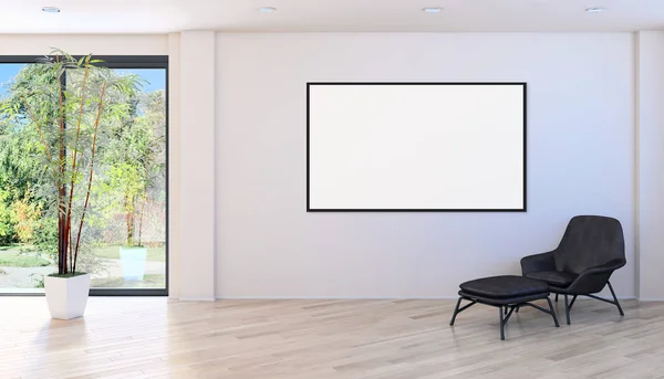 现代明亮的室内公寓与样机海报框架3D 渲染插图 — 图库照片