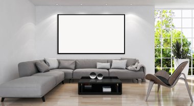 Modern parlak iç daire mockup poster çerçeve 3d render çizim ile