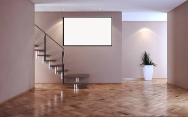 Modern parlak iç daire mockup poster çerçeve 3d render çizim ile