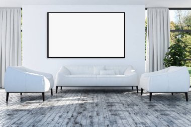 Modern parlak iç daire mockup poster çerçeve 3d render çizim ile