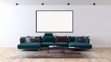 Modern parlak iç daire mockup poster çerçeve 3d render çizim ile