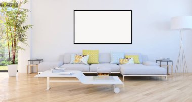 Modern parlak iç daire mockup poster çerçeve 3d render çizim ile