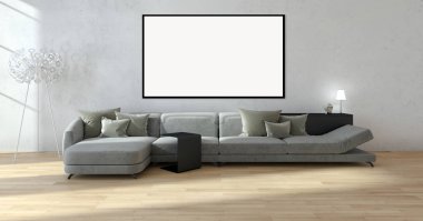 Modern parlak iç daire mockup poster çerçeve 3d render çizim ile