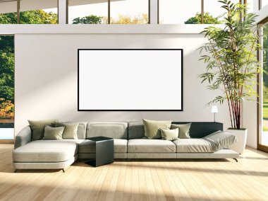 Modern parlak iç daire mockup poster çerçeve 3d render çizim ile