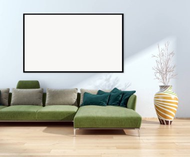 Modern parlak iç daire mockup poster çerçeve 3d render çizim ile