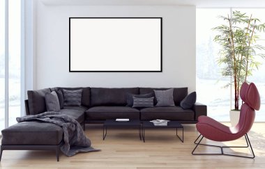 Modern parlak iç daire mockup poster çerçeve 3d render çizim ile