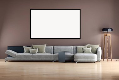 Modern parlak iç daire mockup poster çerçeve 3d render çizim ile