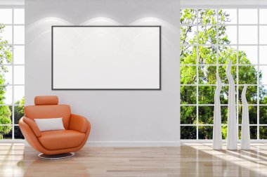 Modern parlak iç daire mockup poster çerçeve 3d render çizim ile