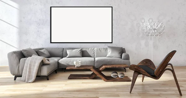 Moderno Appartamento Luminoso Interni Con Cornice Poster Mockup Rendering Illustrazione — Foto Stock