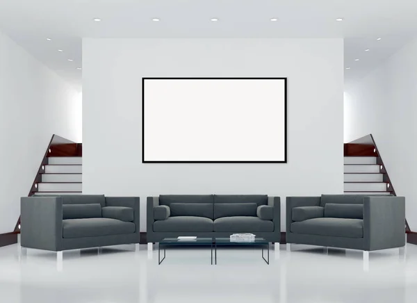 Moderno apartamento de interiores luminosos com quadro de cartaz mockup 3D renderização ilustração — Fotografia de Stock