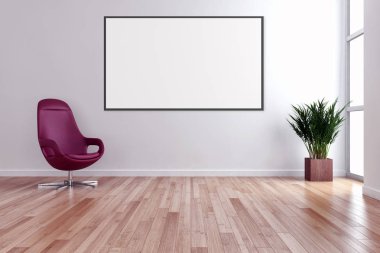 Modern parlak iç daire mockup poster çerçeve 3d render çizim ile