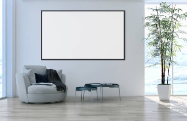 Modern parlak iç daire mockup poster çerçeve 3d render çizim ile