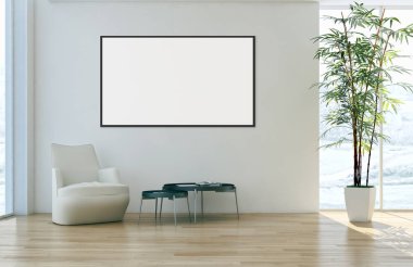 Modern parlak iç daire mockup poster çerçeve 3d render çizim ile